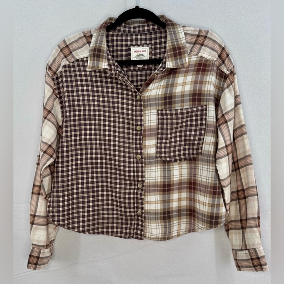 Women’s American Eagle Cozy Cabin Cropped Flannel Brown Elbow Patch Sz M - Picture 2 of 7